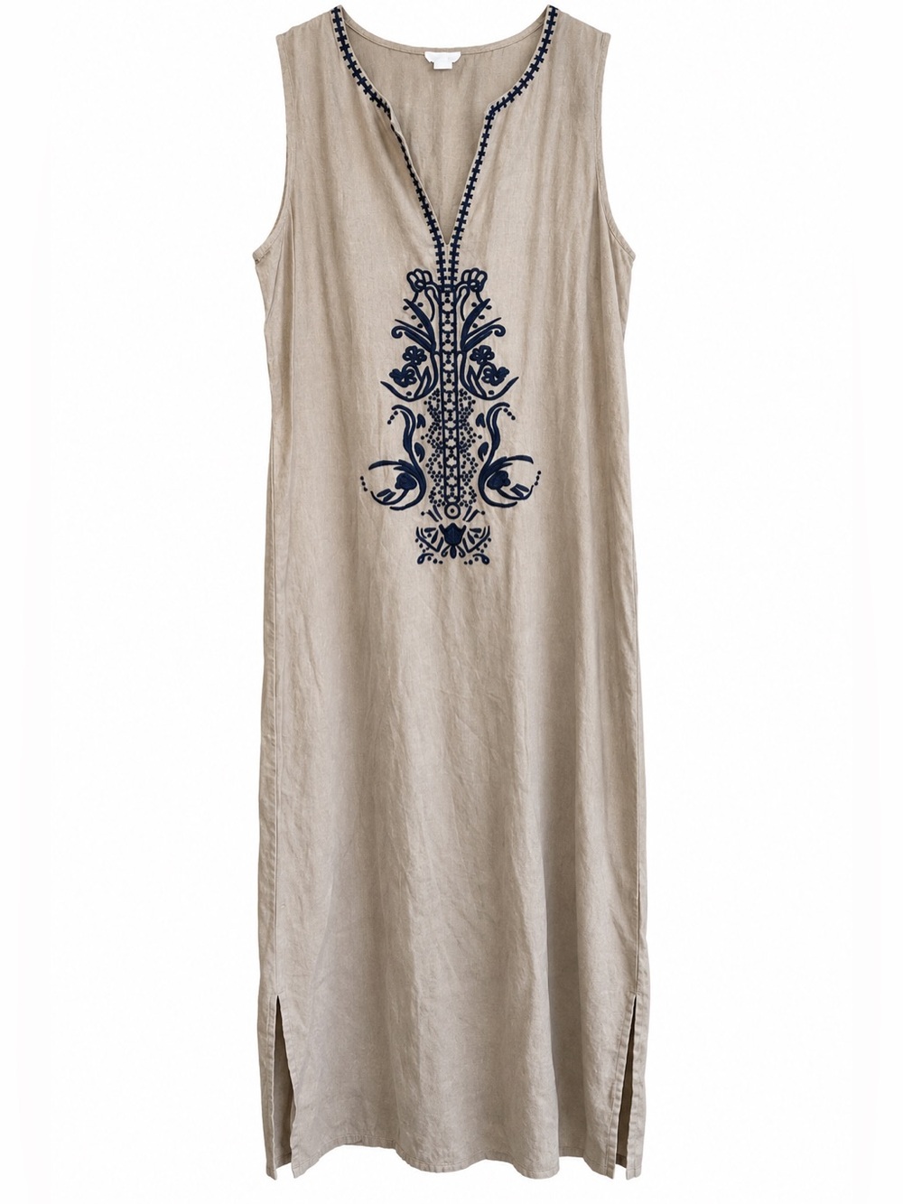 Sigrid Olsen linen blend Beige Sleeveless maxi with Navy Embroidery- Medium